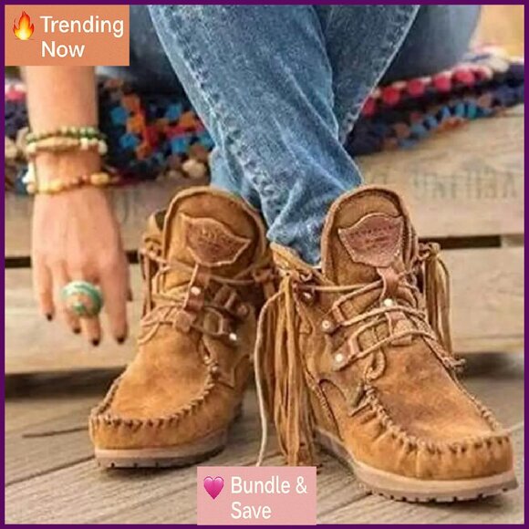 Vintage Fringed Ankle Boots, Lightweight Suede, Round Toe, 3cm Heel - Picture 8 of 8